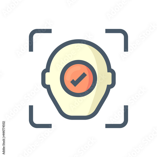 Biometric facial recognition vector icon. Security or identification technology consist of face, check mark. To find someone, verification, identify user to unlock access data in smartphone. 48x48 px.