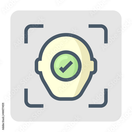 Biometric facial recognition vector icon. Security or identification technology consist of face, check mark. To find someone, verification, identify user to unlock access data in smartphone. 48x48 px.
