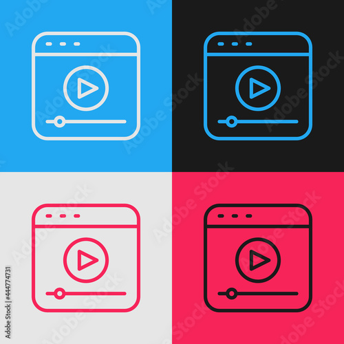 Pop art line Live streaming online videogame play icon isolated on color background. Vector