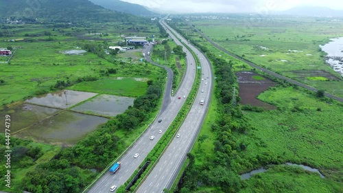 Pune, India -  July 11 2021: Aerial footage of the Mumbai-Pune Expressway during the monsoon season near Pune India. The Expressway is officially called the Yashvantrao Chavan Expressway.