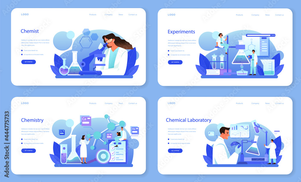 Chemist web banner or landing page set. Chemistry scientist doing an experiment
