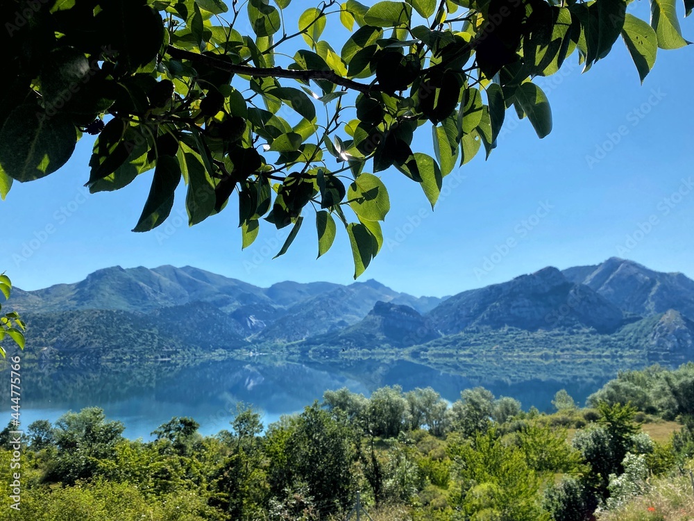 Obraz premium Panoramic view of the Barrios de Luna reservoir, a reservoir located in the Leon region of Luna in Spain. Spanish landscape