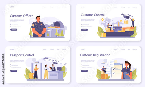Customs officer web banner or landing page set. Passport control