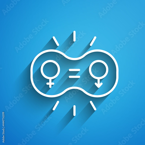 White line Gender equality icon isolated on blue background. Equal pay and opportunity business concept. Long shadow. Vector