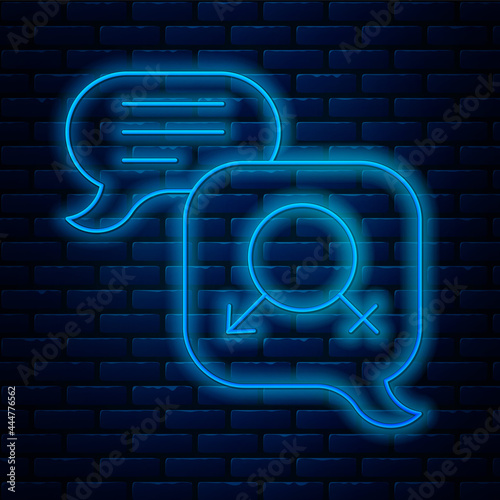 Glowing neon line Gender equality icon isolated on brick wall background. Equal pay and opportunity business concept. Vector