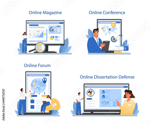 Demographer online service or platform set. Scientist studying population