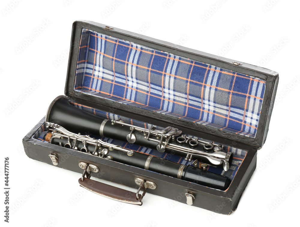 Clarinet in case isolated on white. Woodwind musical instrument Clarinet in case isolated on white. Woodwind musical instrument