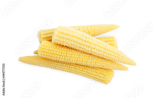 Fresh baby corn cobs on white background, top view