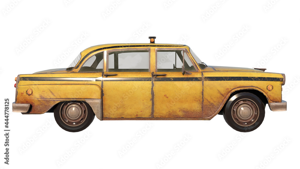 Old Rusty Taxi 1- Lateral view  white background 3D Rendering Ilustracion 3D