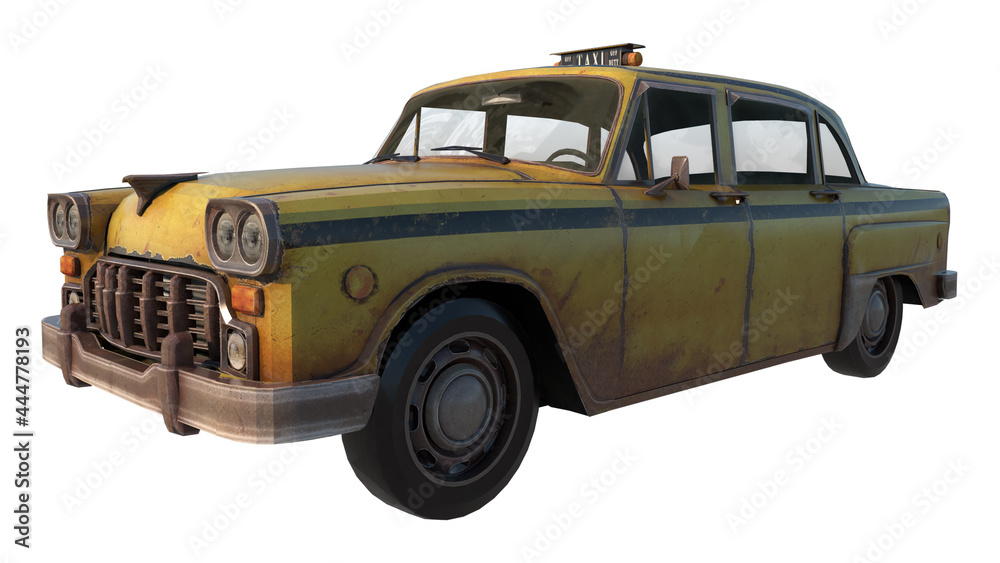 Old Rusty Taxi 1- Perspective F view  white background 3D Rendering Ilustracion 3D