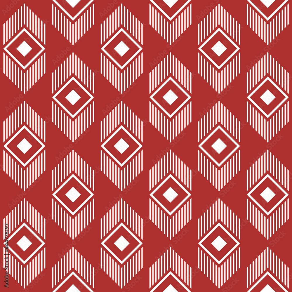 Seamless African mud cloth pattern with simple geometric white tribal decoration on red background