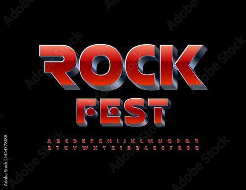 Vector trendy poster Rock Fest. 3D Red and Iron Font, Abstract style Alphabet Letters and Numbers set