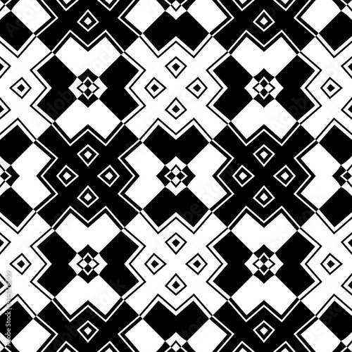 Lines, strokes, squares ornament. Black and white seamless pattern. Ancient mosaic. Digital paper print. Seamless background.