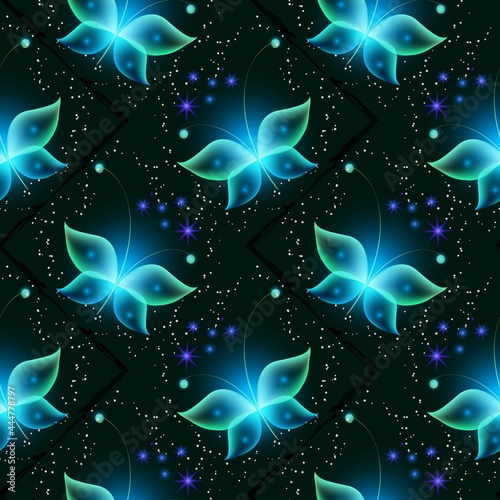 Glowing background with magic butterflies. Neon butterflies and glowing blooms. Seamless pattern.