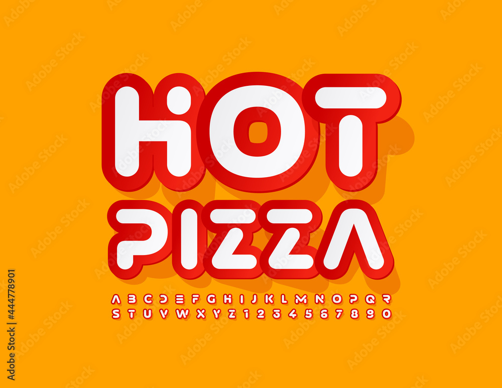Vector Colorful Banner Hot Pizza. Sticker Style Font. Bright Artistic Alphabet Letters and Numbers.