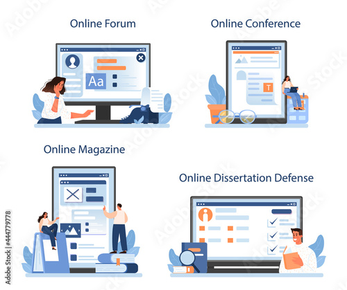 Literary critic online service or platform set. Professional journalist