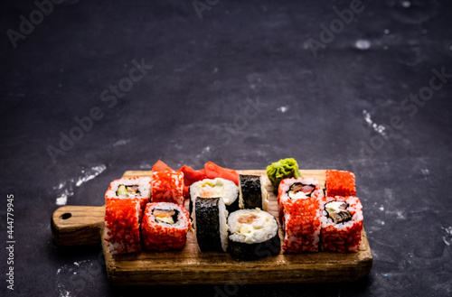 Sushi maki set. Japanese asian roll food composition with prepared rice and seafood following traditions