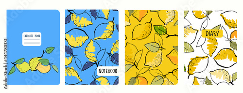 Set of cover page templates with hand drawn lemons. Based on seamless patterns. Headers isolated and replaceable. Perfect for notebooks, notepads, diaries, etc photo
