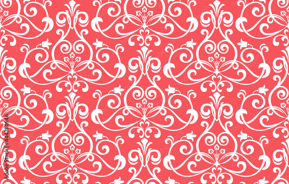 Wallpaper in the style of Baroque. Seamless vector background. White and pink floral ornament. Graphic pattern for fabric, wallpaper, packaging. Ornate Damask flower ornament Wallpaper in the style of Baroque. Seamless vector background. White and pink floral ornament. Graphic pattern for fabric, wallpaper, packaging. Ornate Damask flower ornament
