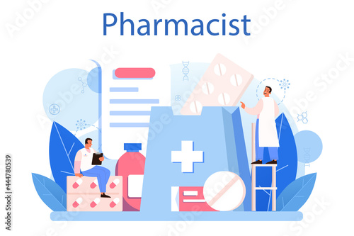 Pharmacy concept. Pharmacist preparing and selling drugs