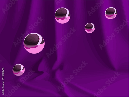 紫のカーテンとメタリックな球体・無人のマジックショー背景イラスト