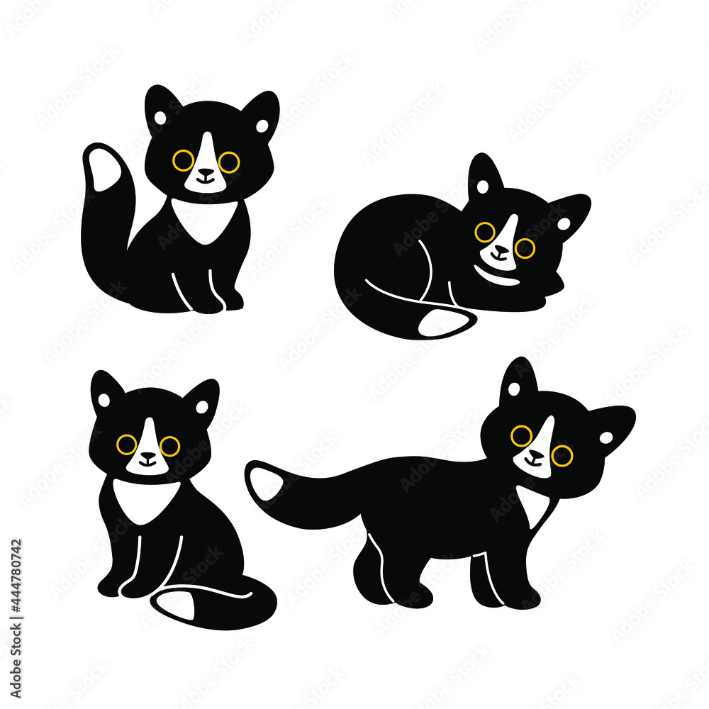 Black cat icon set. Cartoon cat in various poses. Vector illustration for prints, clothing, packaging, stickers.