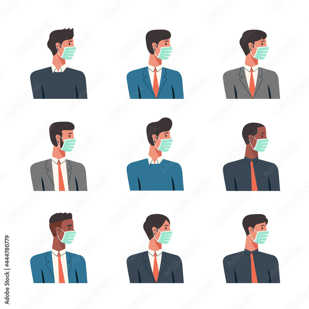 Group of people portraits of businessmen with protective medical masks, male faces avatars isolated icons set, vector flat illustration Group of people portraits of businessmen with protective medical masks, male faces avatars isolated icons set, vector flat illustration