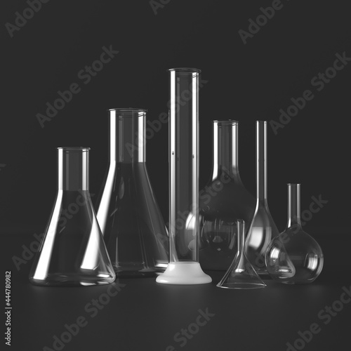 Glass products. Realistic glass chemical containers, measuring medical equipment. Dark Background. 3d illustration