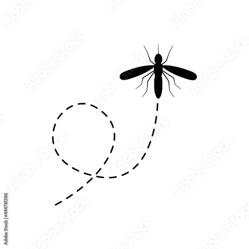 Mosquito fly icon. Mosquito flying on a dotted route. Bloodsucker insect. Vector illustration isolated on white background