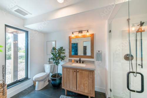 Boho bathroom design with large window near the toilet bowl with plants on top and side