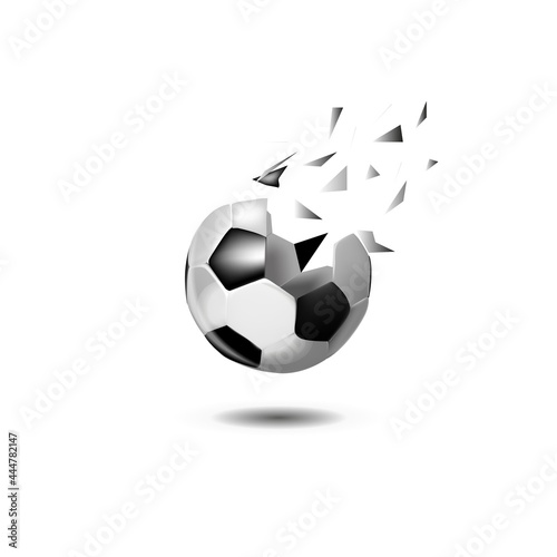 soccer ball in a modern abstract style. breaks up and flies crashing the background. vector design.