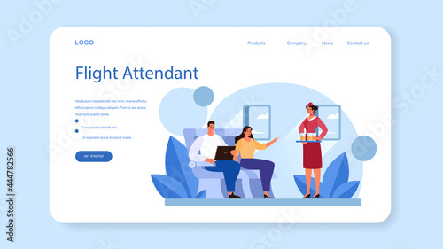 Stewardess web banner or landing page. Flight attendants help passenger