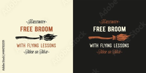 Halloween flying witch broom for t-shirt halloween print. Magic spooky broomstick for happy halloween. Magic broom for design dark halloween party or sabbat