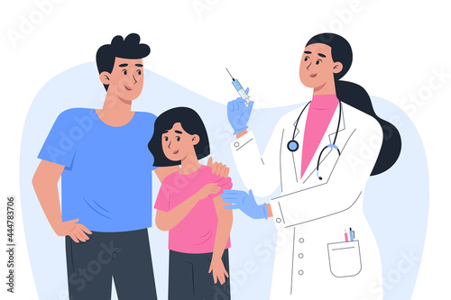 A female doctor in gloves makes a vaccine to a child patient