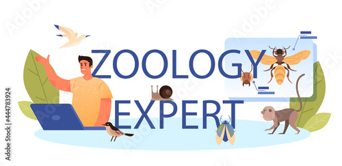 Zoology expert typographic header. Scientist exploring and studying fauna