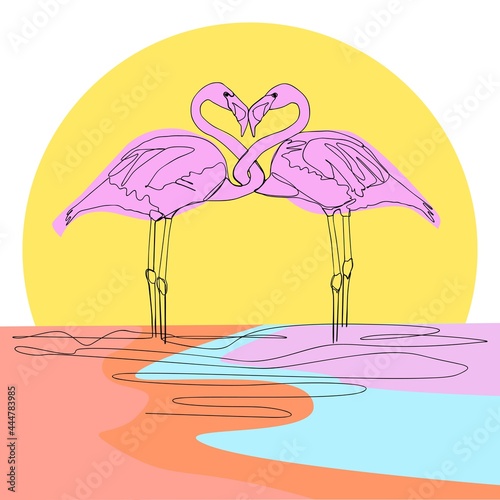two flamingo staying on one and two leg on pink background. Continuous line drawing isolated. Concept for greeting card, banner, poster, flyer. Abstract bird vector illustration