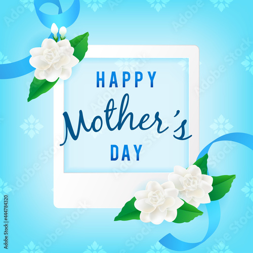 Happy Mother's Day card Vector illustration. Thai Jasmine flowers with photo frame on blue background