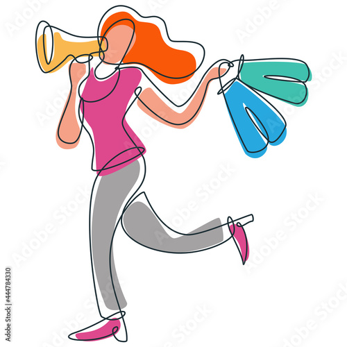 Vector illustration of a happy woman holding shopping bags and megaphone. This illustration can be used to describe shopping sale, big sale, discounts, happy shopping, great deals, etc.