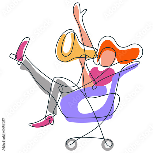 Vector illustration of a happy woman on a trolley holding a megaphone. This illustration can be used to describe sale, big sale, happy shopping, great deals, etc.