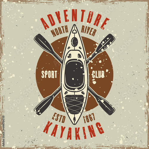 Kayak and two crossed paddles colored emblem, badge, label or logo vector illustration in retro style with grunge textures and scratches