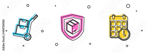 Set Hand truck and boxes, Delivery security with shield and Cardboard calendar icon. Vector
