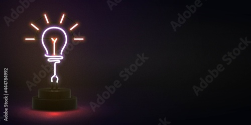 Vector realistic isolated neon sign of Bulb logo for decoration and covering with copy space on the dark background. Concept of energy and idea.