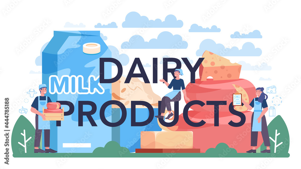 Obraz premium Dairy products typographic header. Dairy natural product for breakfast