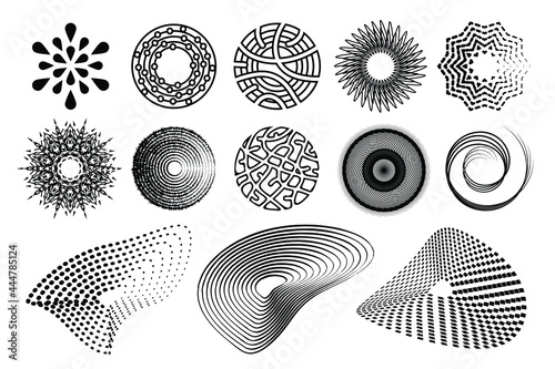 Vector circle design elements and shapes. Halftone flowing liquid dot pattern overlay. Set of circular design elements for brochure, banner, flyer design.