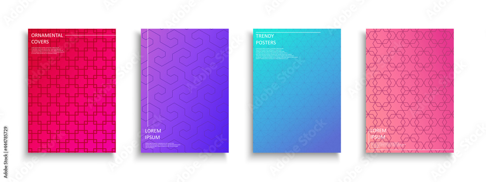 Set of bright colorful creative covers, templates, backgrounds, placards, brochures, banners, flyers and etc. Ornamental vibrant geometric posters - gradient design