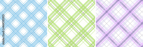 Set of vector simple seamless textile patterns - delicate striped design. Grid colorful fabric backgrounds. Endless geometric textures