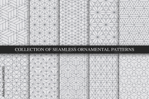 Collection of vector seamless geometric ornamental patterns - Monochrome oriental backgrounds. Creative gray repeatable prints