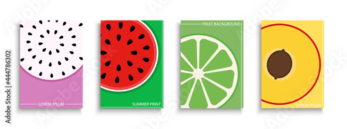 Set of vector colorful fruits covers, templates, placards, brochures, banners, flyers and etc. Bright summer posters. Vibrant tropical backgrounds