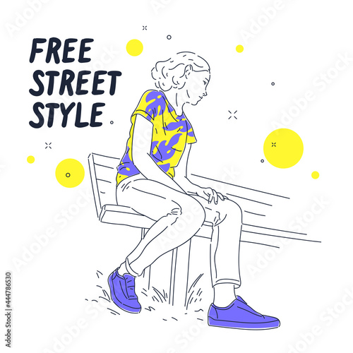 The girl is sitting on a bench. A template for placing information.