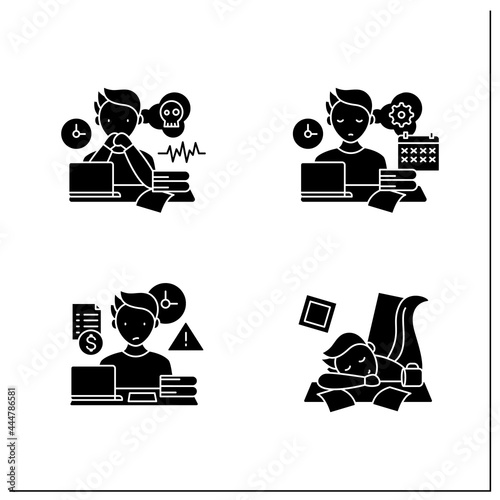 Procrastination glyph icons set. Worrier, defier procrastinator, mess, late payments. Overwhelmed concept.Filled flat signs. Isolated silhouette vector illustrations